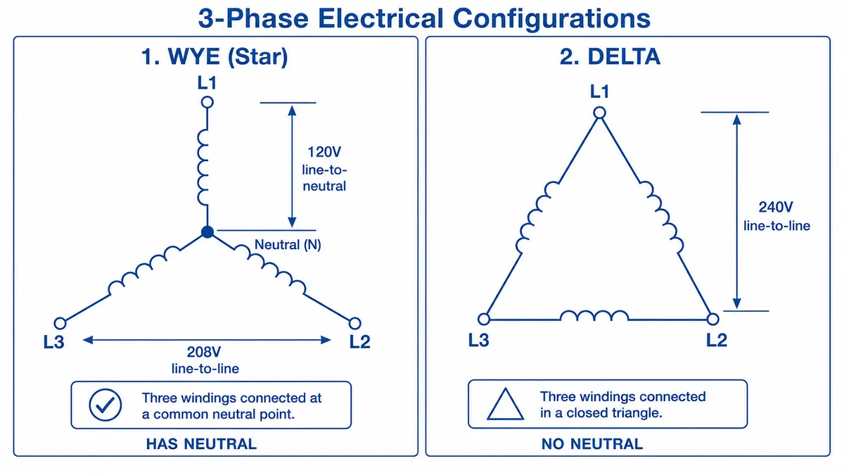 Technical schematic comparing wye (star) and delta three-phase electrical configurations, showing wye with a neutral center point and labeled 208V line-to-line and 120V line-to-neutral voltages, and delta with no neutral and 240V line-to-line voltage.