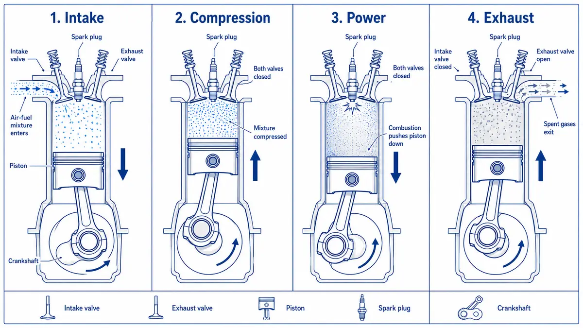 Technical cutaway diagram of the four-stroke engine cycle showing four panels: intake with piston moving down and intake valve open, compression with both valves closed, power with spark ignition driving the piston down, and exhaust with the exhaust valve open.