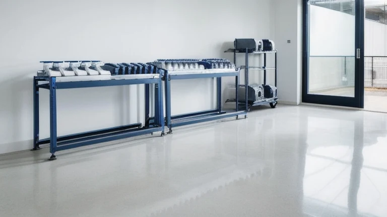 A clean, professional manufacturing floor representing The 5S Methodology Explained, shown without people, for The Prime VR immersive training.
