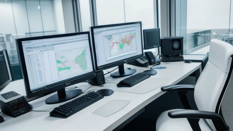 A clean emergency dispatch console with headsets, multiple monitors and a mapping display, shown without people, for The Prime VR immersive training.