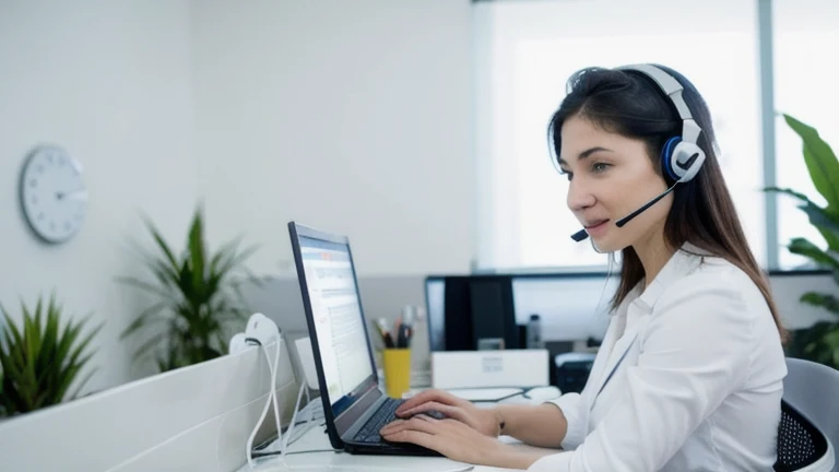 A clean, professional customer service workstation representing Active Listening Skills, shown without people, for The Prime VR immersive training.