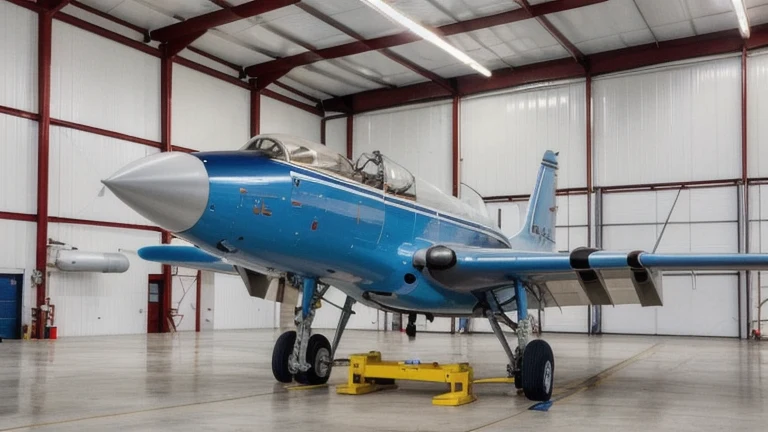 A clean aircraft maintenance hangar with an engine stand, tools, and airframe panels representing aircraft mechanic A and P school, shown without people, for The Prime VR immersive training.
