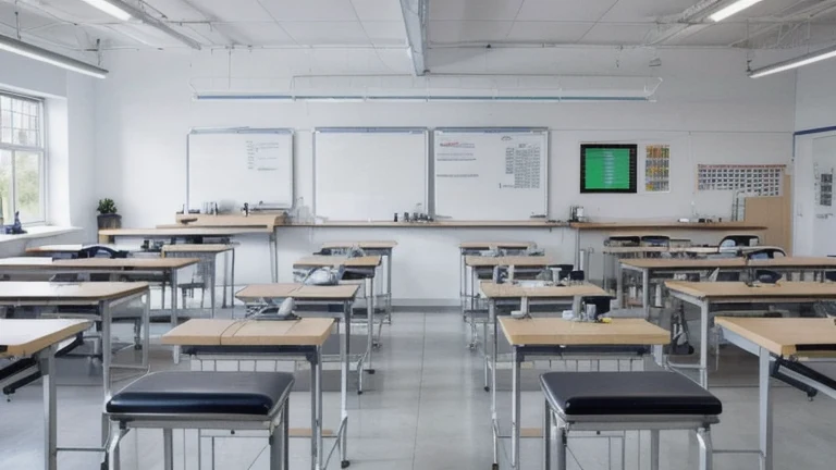 A clean, professional technical classroom representing Apprenticeship vs Degree, shown without people, for The Prime VR immersive training.