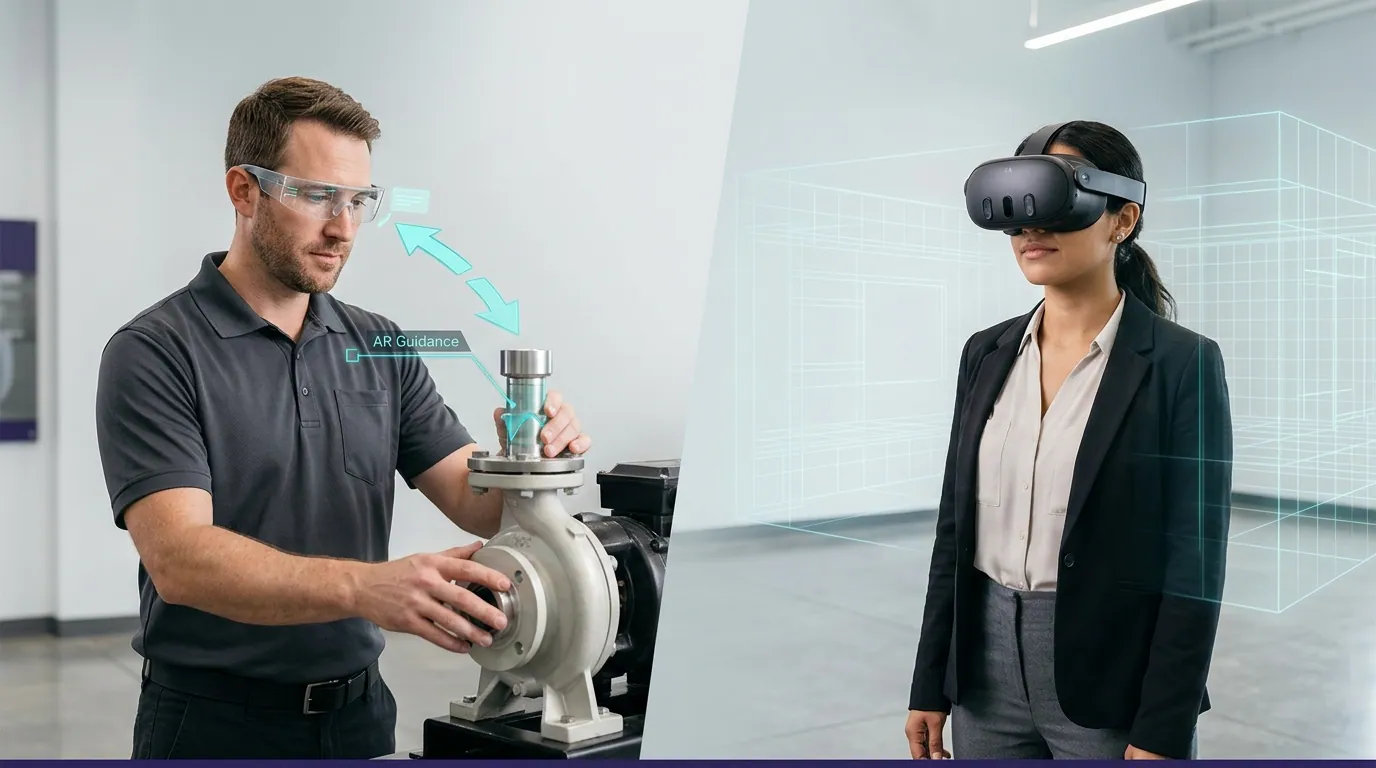 Split-panel corporate training photograph in a modern enterprise facility: on the left, a field service technician in a dark blue uniform wearing a Microsoft HoloLens 2 augmented reality headset crouches in front of an open industrial control panel with semi-transparent digital overlay arrows and procedure step labels visible floating above the real physical components, hands gripping actual tools; on the right, a safety training participant wearing a Meta Quest 3 VR headset stands in a clean white enterprise training room completely immersed in a virtual chemical plant emergency simulation, arms extended in a practiced response gesture while a training supervisor monitors performance scores on a wall-mounted analytics screen in the background, warm directional studio lighting on both sides, wide-angle editorial photography style with sharp foreground and slight background bokeh