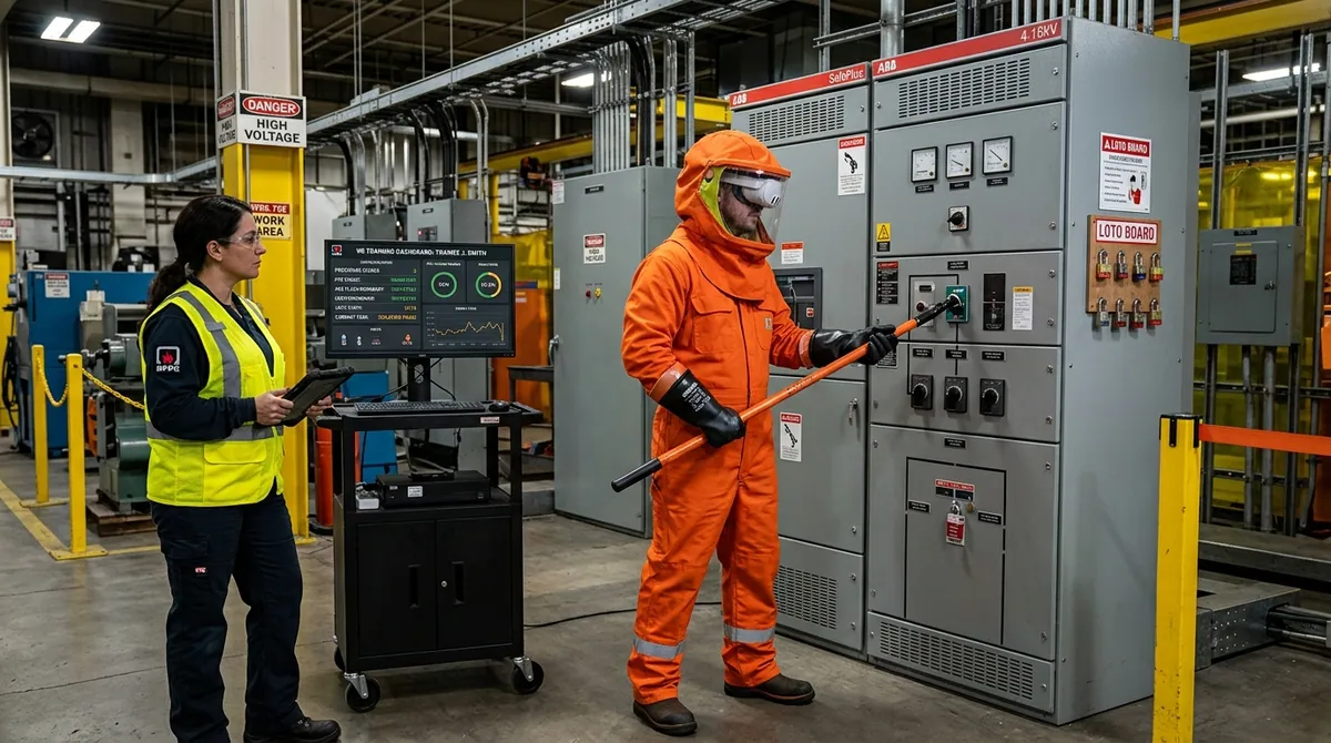 Electrical safety technician in arc-rated PPE wearing a Meta Quest VR headset practices approach boundary assessment near a simulated industrial switchgear panel