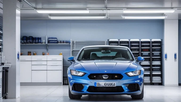 A clean automotive service bay with a diagnostic scanner, tools, and a lift representing ASE certification, shown without people, for The Prime VR immersive training.