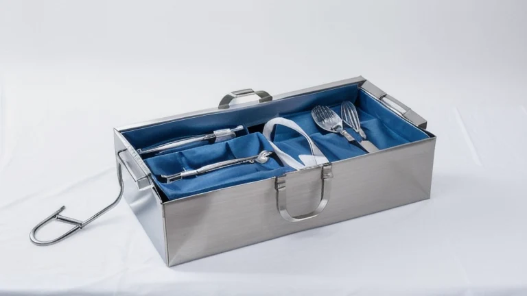 A sterile procedure tray with wrapped instruments, sterile gloves and a draped field on a clean surface, shown without people, for The Prime VR immersive training.