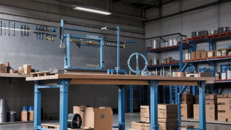 An assembly workstation with a fixture, sequenced parts bins and a work instruction stand, shown without people, for The Prime VR immersive training.