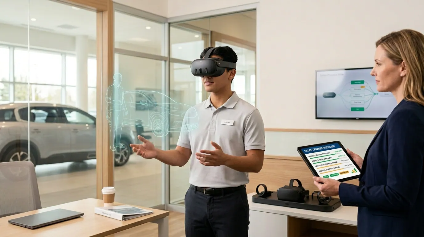 New automotive dealership rep wearing a Meta Quest VR headset conducts a full simulated sales conversation with a virtual customer beside a showroom vehicle, while an onboarding manager tracks the rep progress through greeting, trade-in, and negotiation stages on a wall dashboard, illustrating automotive sales training simulation for faster rep onboarding