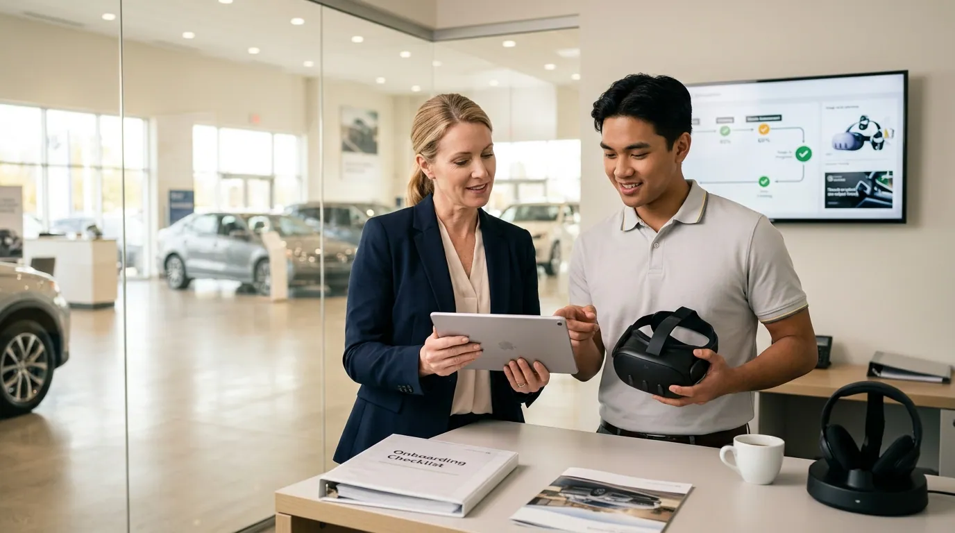Dealership onboarding manager and a new sales rep review a tablet showing stage-by-stage simulation scores for greeting, trade-in, and F&I after the rep removes a Meta Quest headset, with a virtual showroom display in the background, demonstrating how automotive sales training simulation produces measurable onboarding progress