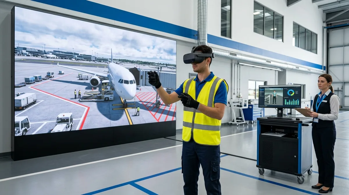 An aviation ground crew member wearing a VR headset practices an aircraft turnaround and ramp safety procedure in a realistic virtual airport apron simulation, while a training supervisor reviews procedure accuracy on a monitor in a modern aviation training facility, professional photography, no logos.