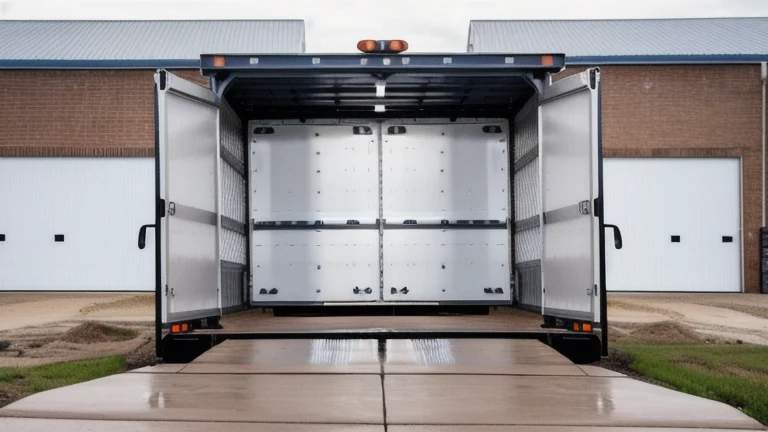 A tractor-trailer positioned to back into a loading dock with painted guide lines and dock bumpers, shown without people, for The Prime VR immersive training.