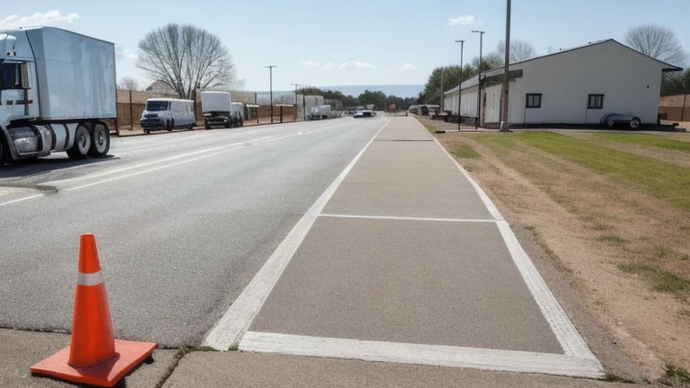 A training lot marked with cones for offset and alley dock backing, with a trailer positioned, shown without people, for The Prime VR immersive training.