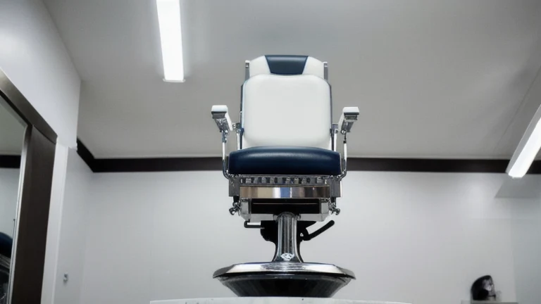 A clean barbershop station with a chair, clippers, straight razor and organized tools, shown without people, for The Prime VR immersive training.