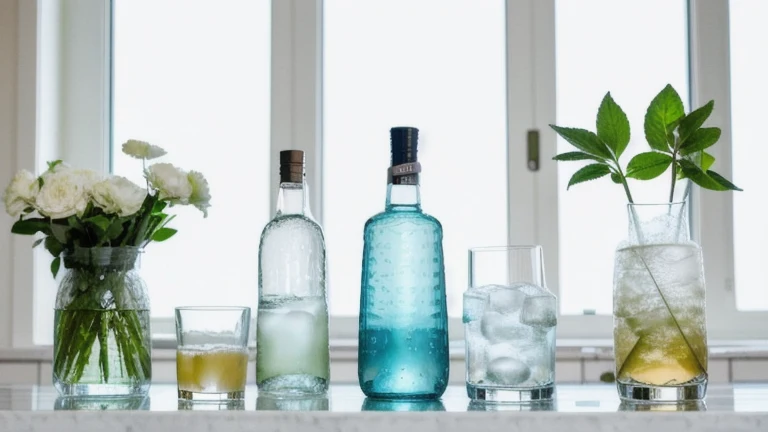 A clean bar station with bottles, a shaker and glassware arranged on the counter, shown without people, for The Prime VR immersive training.