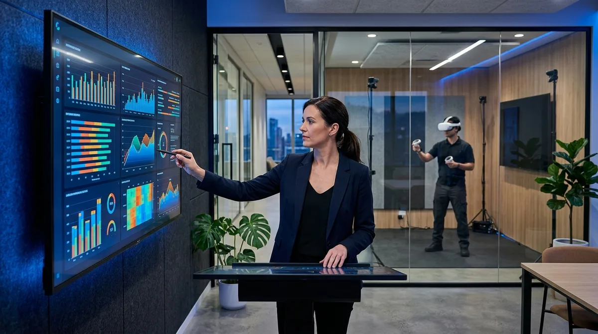 An enterprise training leader reviews a dashboard of VR training outcome metrics, including confidence gains, faster completion times, and incident reduction, while in the background an employee practices a procedure in a VR headset in a modern corporate training room, clean professional photography.