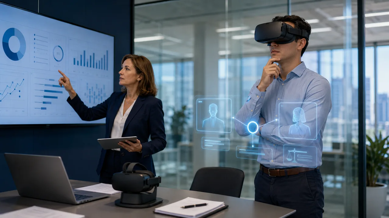 A compliance and ethics director compares top compliance training vendors while an employee in a VR headset practices a high-stakes procedural decision-making scenario.