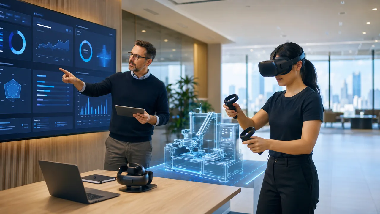 A learning and development leader compares top corporate training companies while an employee in a VR headset practices a hands-on operational skill in an immersive simulated workplace.
