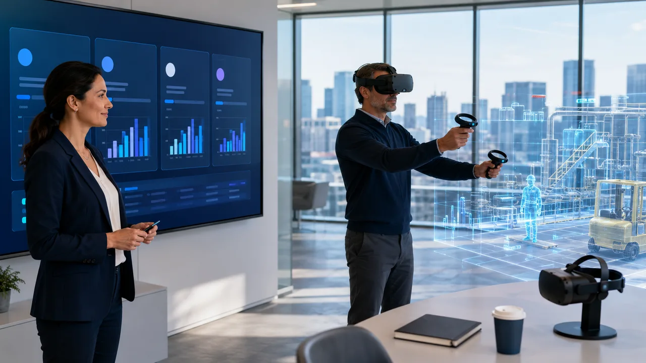 An enterprise learning leader compares VR training providers on a display while an employee wearing a VR headset practices a workplace scenario in an immersive simulation, illustrating the process of evaluating Strivr alternatives for enterprise VR training