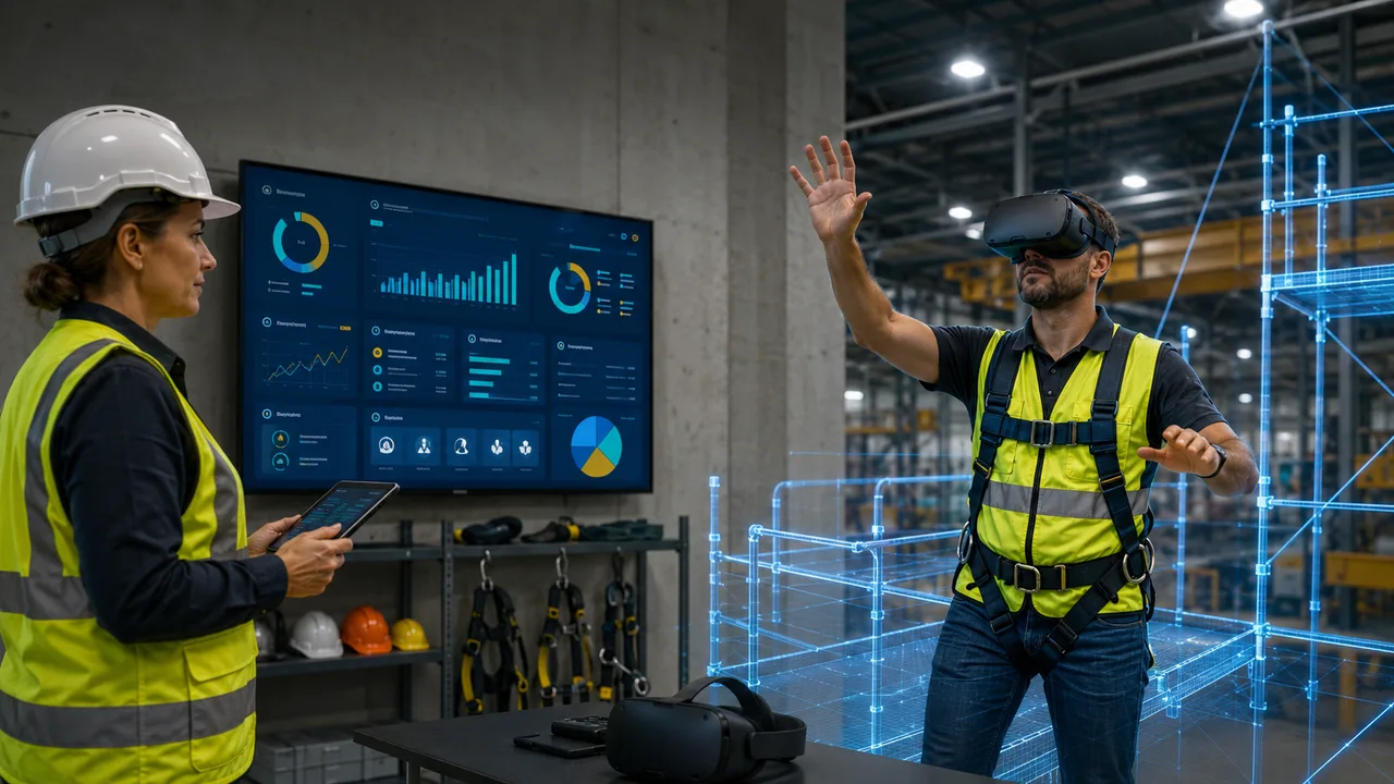 A workplace safety manager compares top safety training providers while an industrial worker in a VR headset practices a fall-protection and hazard-recognition scenario.