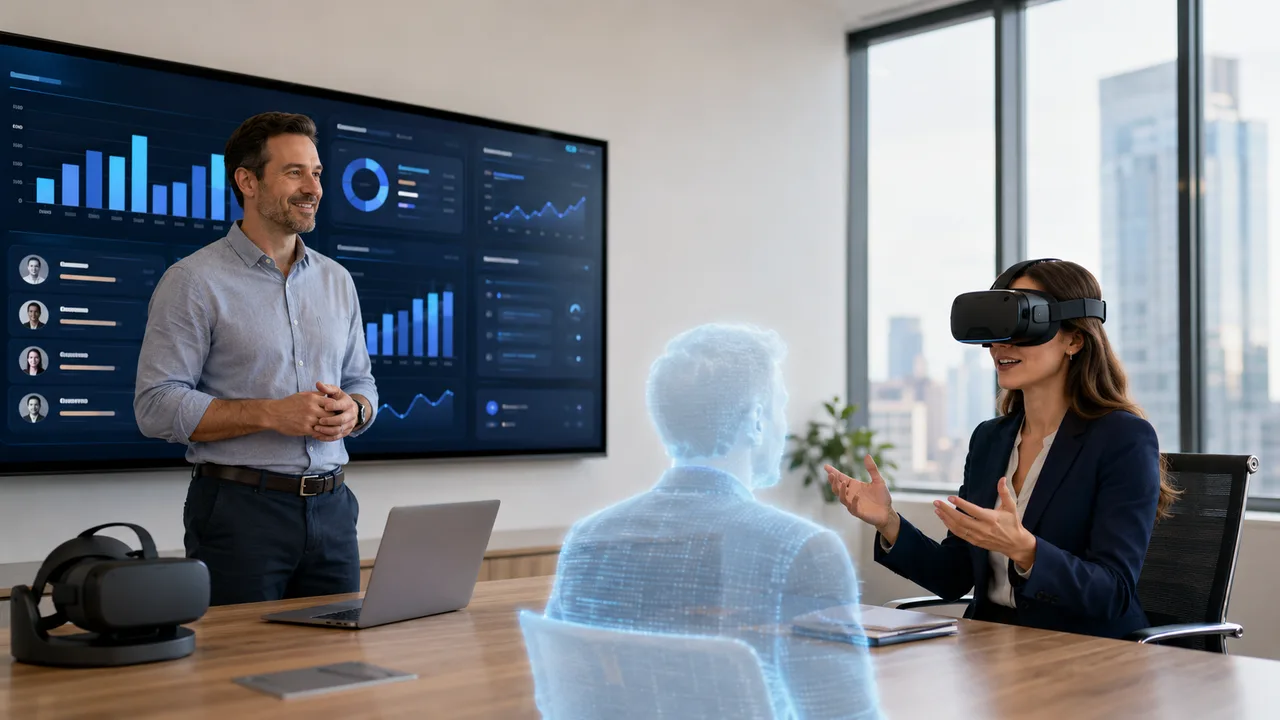 A sales enablement leader in Miami compares sales training companies while a rep in a VR headset rehearses a discovery and objection-handling conversation with a virtual buyer.