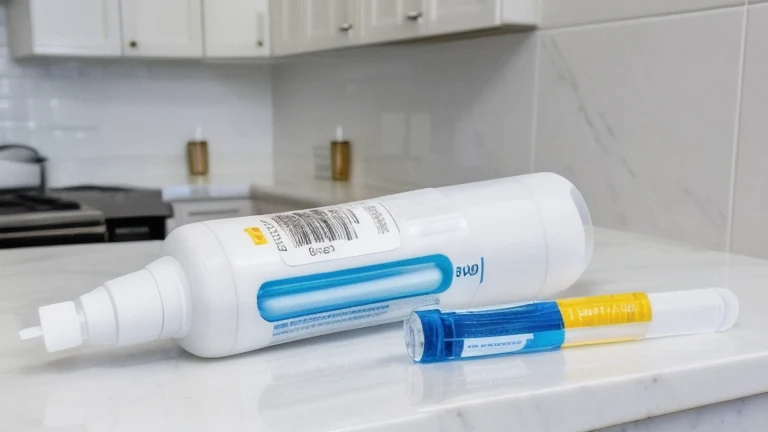 A glucometer, test strips, lancet device and alcohol swab arranged on a clean surface, shown without people, for The Prime VR immersive training.