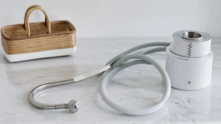 A manual sphygmomanometer, an aneroid gauge and a stethoscope resting on a clean exam table, shown without people, for The Prime VR immersive training.