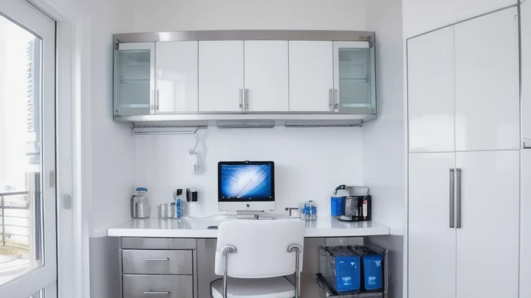 A clean clinical skills lab with a resuscitation manikin and AED trainer representing BLS certification, shown without people, for The Prime VR immersive training.