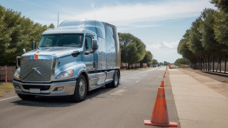 A flatbed trailer with chains, ratchet straps, edge protectors and secured cargo, shown without people, for The Prime VR immersive training.