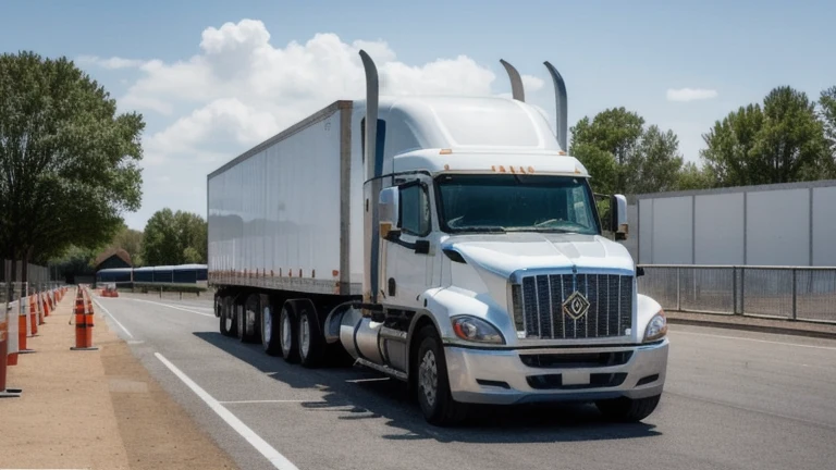 A clean commercial driving training yard with a tractor-trailer and cones representing CDL driver training, shown without people, for The Prime VR immersive training.