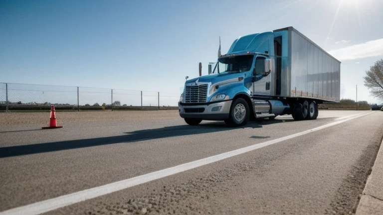 A clean training yard with a tractor-trailer, its hood raised to show the engine bay for inspection, shown without people, for The Prime VR immersive training.