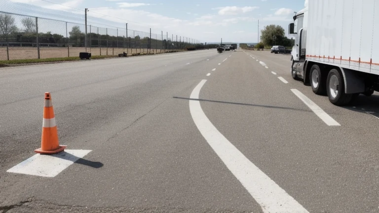 A commercial vehicle in a testing lot with an inspection checklist and marked maneuver area, shown without people, for The Prime VR immersive training.