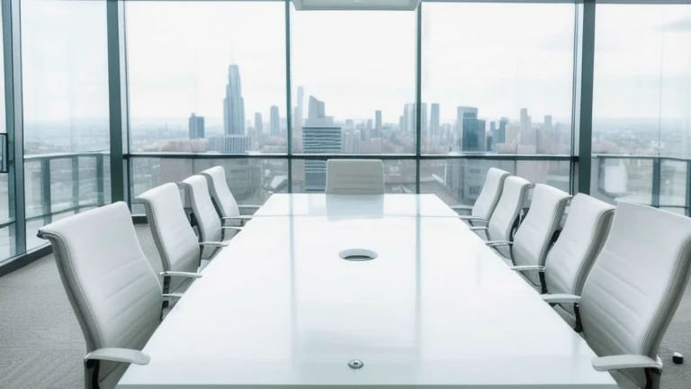 A clean, professional executive boardroom representing Change Management Basics, shown without people, for The Prime VR immersive training.