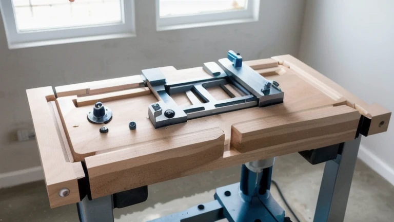 A CNC machine table with a vise, clamps, an edge finder and tooling laid out for a setup, shown without people, for The Prime VR immersive training.