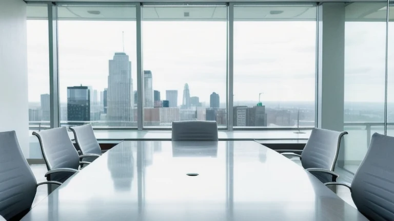 A clean, professional executive boardroom representing Coaching and Feedback, shown without people, for The Prime VR immersive training.