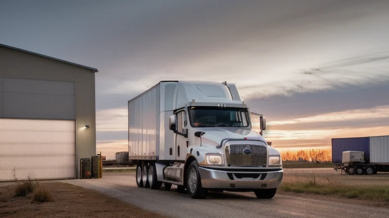 A tractor-trailer parked at the end of a shift with a driver vehicle inspection report clipboard and a flashlight on the fender, shown without people, for The Prime VR immersive training.