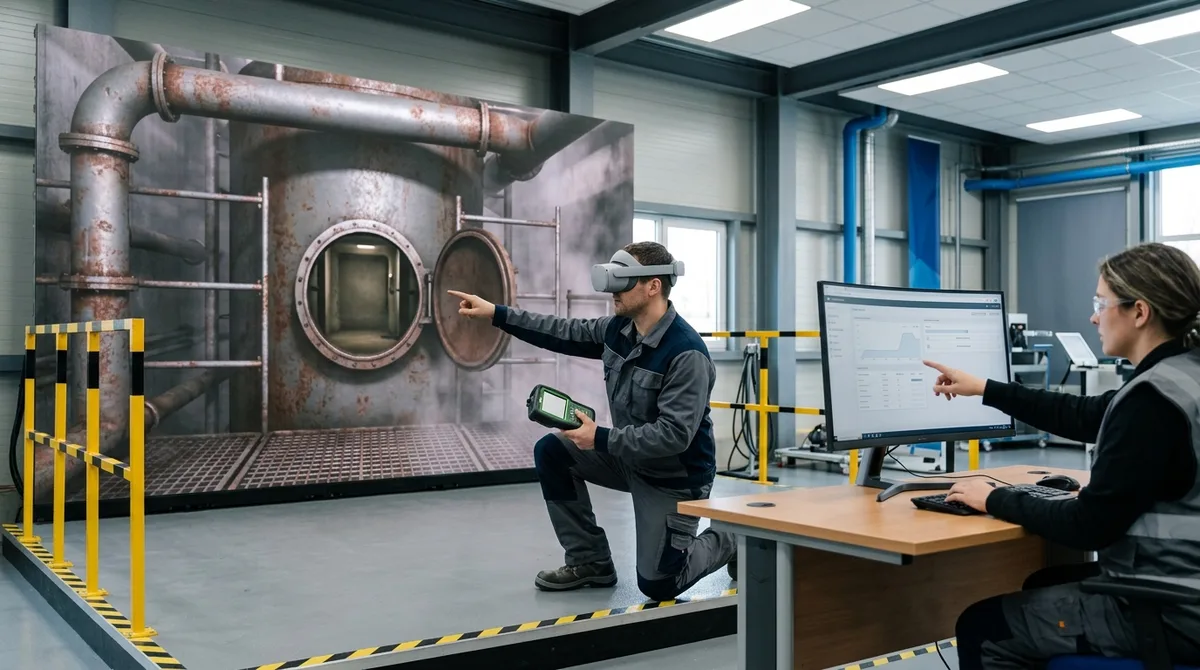 A worker wearing a VR headset practices a permit-required confined space entry procedure with atmospheric testing in a realistic virtual industrial vessel simulation, while a safety attendant reviews procedure and hazard-recognition scores on a monitor, modern training facility, professional photography.