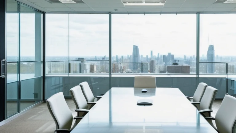 A clean, professional executive boardroom representing Conflict Resolution Strategies for the Workplace, shown without people, for The Prime VR immersive training.