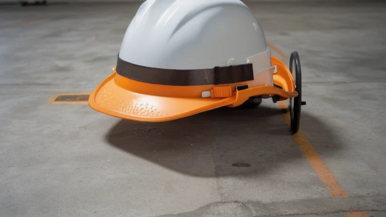 A clean construction site training area with hard hats, harnesses, and signage representing construction safety training programs, shown without people, for The Prime VR immersive training.