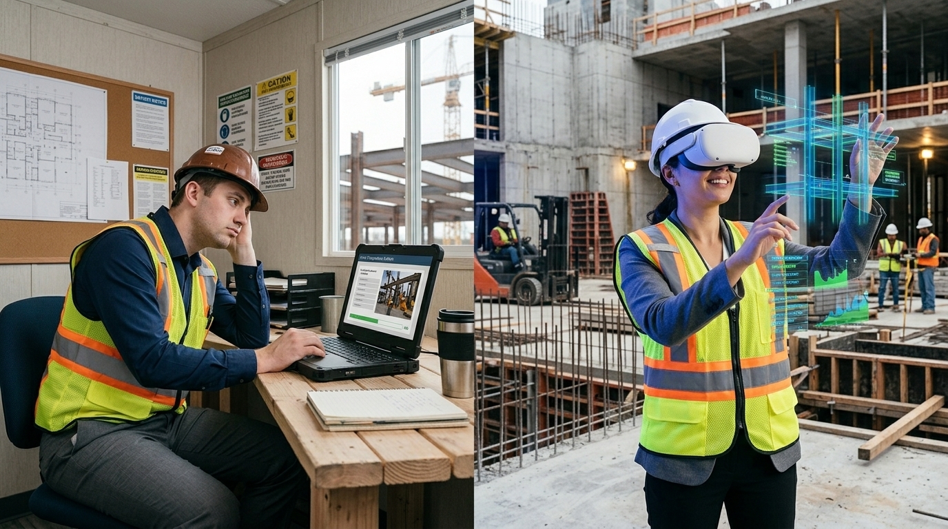 Construction worker practicing VR safety training on job site
