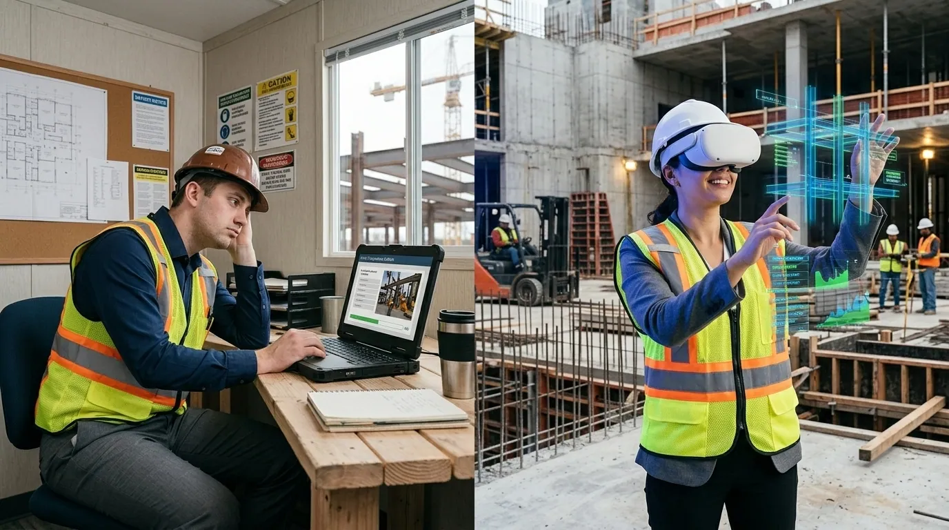 Construction worker practicing VR safety training on job site