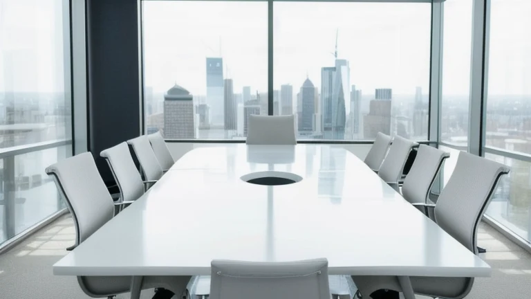 A clean, professional executive boardroom representing The Core Skills of a Manager: What Great Managers Do Daily, shown without people, for The Prime VR immersive training.