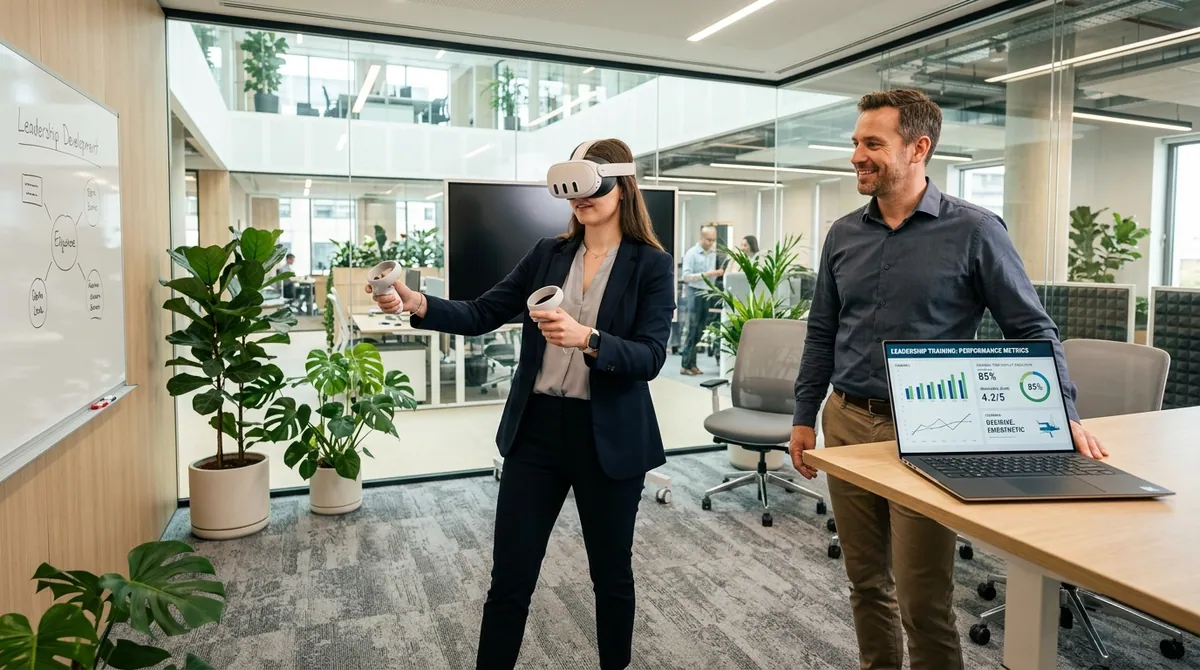 HR director and People Ops manager review a corporate VR training deployment dashboard showing completion rates and competency scores across four office locations while employees in the background train in Meta Quest headsets at individual stations in a modern corporate training facility