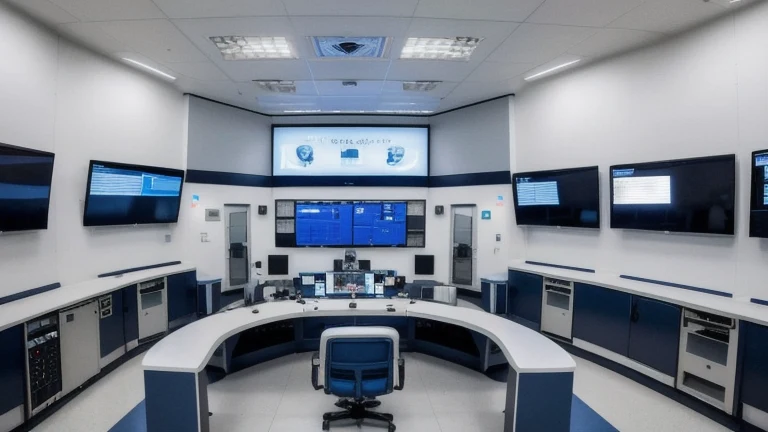 A clean corrections training facility with a control station, secure door and communication equipment, shown without people, for The Prime VR immersive training.