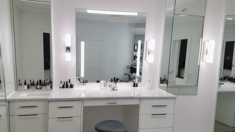 A clean cosmetology training station with a styling chair, mirror, and organized tools and products, shown without people, for The Prime VR immersive training.