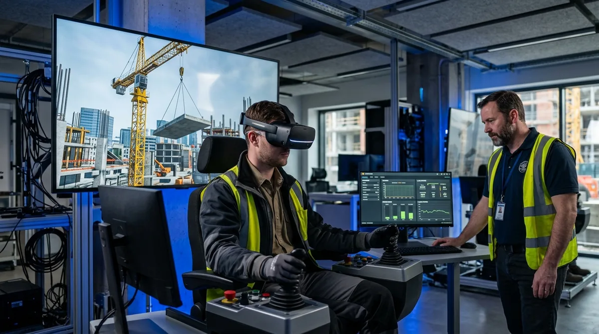 A crane operator wearing a VR headset practices a precision lift in a realistic virtual construction site, controlling load swing and placement, while a certified instructor reviews load control and safety scores on a monitor in a modern training facility, professional photography.