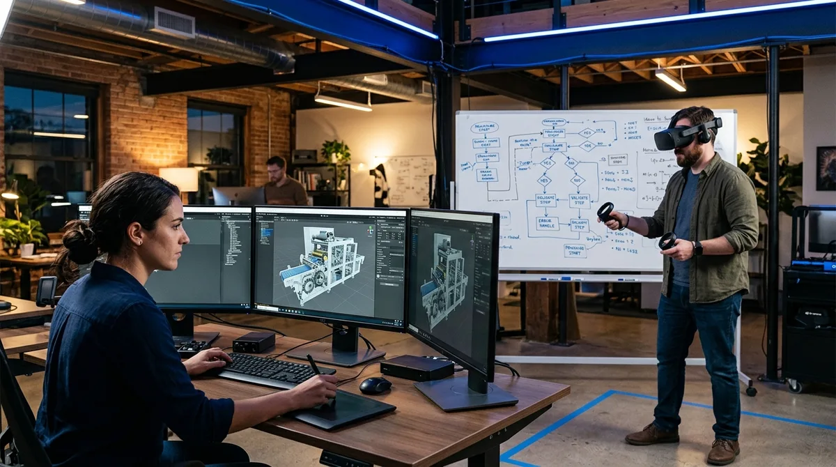 A custom VR training development team works through the build process, with a 3D artist modeling a precise replica of an industrial machine in a game engine on one monitor, a designer mapping a branching procedure on a whiteboard, and a tester wearing a VR headset validating a scenario, modern studio, professional photography.