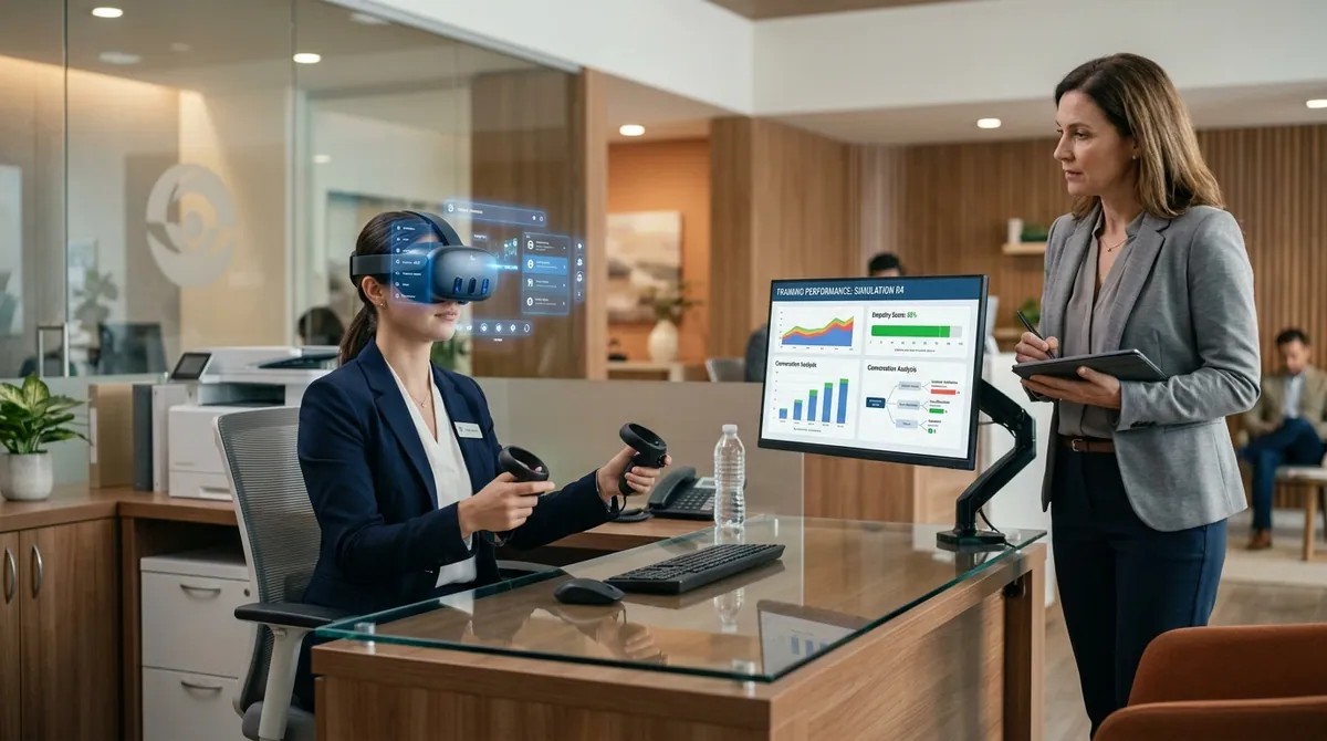 A customer experience leader compares service training providers while a representative in a VR headset practices a de-escalation conversation with a virtual customer.