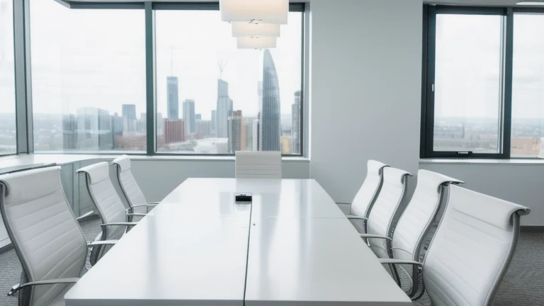 A clean, professional executive boardroom representing Delegation Skills, shown without people, for The Prime VR immersive training.