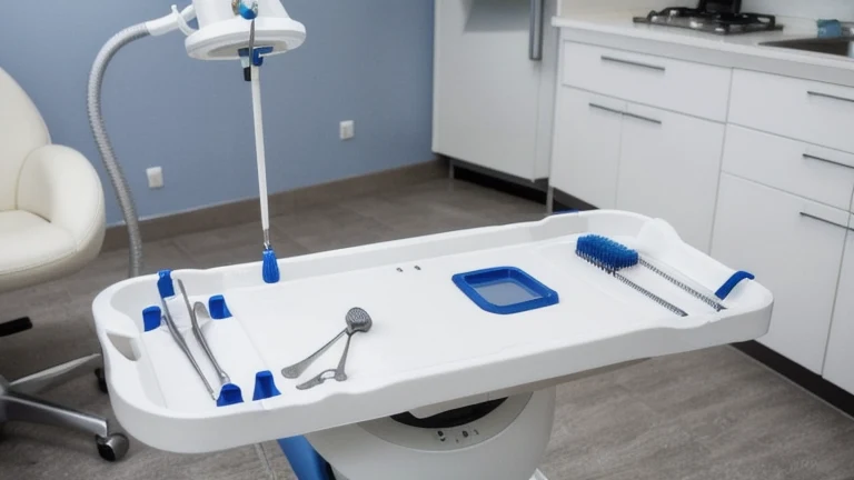 A clean dental operatory with a dental chair, instrument tray and suction equipment, shown without people, for The Prime VR immersive training.